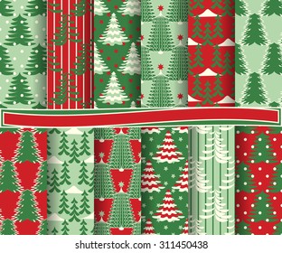 Set of Christmas abstract vector paper with Christmas trees for scrapbook