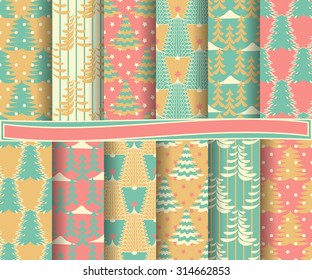 Set of Christmas abstract vector paper with Christmas trees for scrapbook