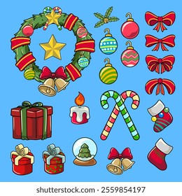 Set of Christmas Accesories in Cartoon Vector Illustration