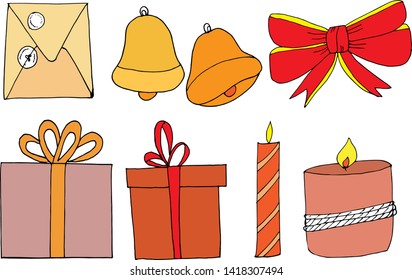a set of Christmas accessories - gifts, bells, candles, envelope, bow. Vector for design of posters, postcards, magazines.