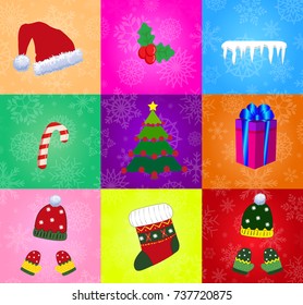 Set of christmas accessories isolated on multicolor background. Vector illustration, icons, clip art. Also can be used as seamless pattern.