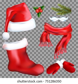 Set of Christmas accessories Santa Claus on transparent background. Hat, boots, mittens, scarf. Realistic vector