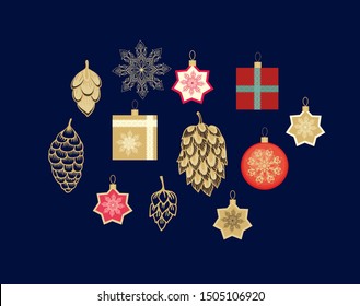 Set of Christmas adornments - golden conifer cones, bables, snowflakes