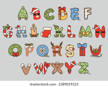 Set of Christmas  alphabet. Collection of stylized Christmas letters and numbers with festive elements. Vector illustration of holiday font for postcards.