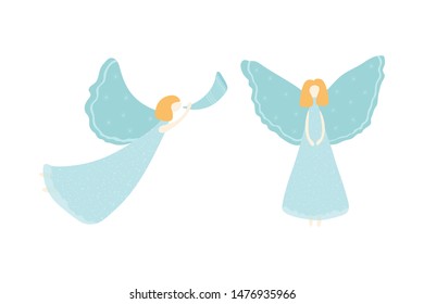 Set of Christmas angels isolated on white background. Angel illustration in flat style for poster, postcard, banner. Vector