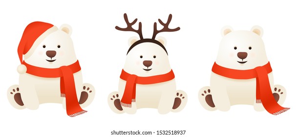 Set of christmas animal, cute polar bear with scarf vector character isolated on white