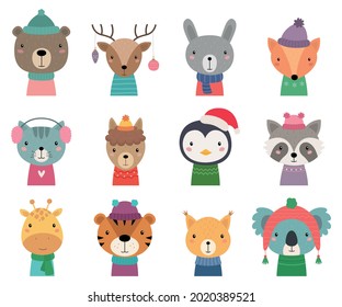 A set of Christmas animals. 12 cute animals in hats and scarves. Vector illustration.