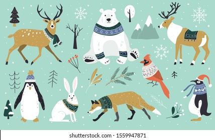 Set of Christmas animals in the forest, bear, fox, hare, reindeer, penguin. Scandinavian style.Winter animals in a sweater and scarfs. Hand drawn characters; cartoon flat design.