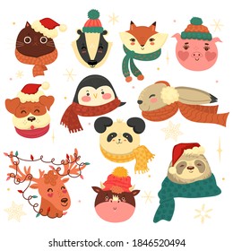 Set of  Christmas animals isolated on a white background. Vector graphics.