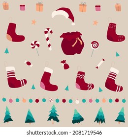A set of Christmas attributes. For background, postcards, holiday cover. Christmas trees and toys, socks and sweets.