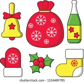 Set of Christmas attributes. A bag with Christmas gifts, valenki, mittens, a bottle of champagne, a bell Festive mood. Vector illustration.