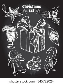 Set of Christmas attributes: Christmas decorations, gingerbread man, gift box, holly, candy, gingerbread, mulled wine. Hand drawn vector Illustration.