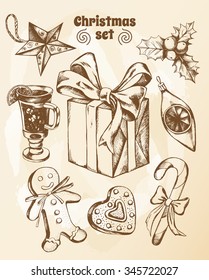 Set of Christmas attributes: Christmas decorations, gingerbread man, gift box, holly, candy, gingerbread, mulled wine. Hand drawn vector Illustration.