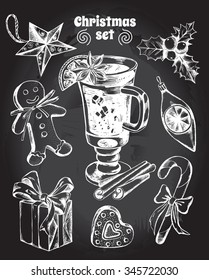 Set of Christmas attributes: Christmas decorations, gingerbread man, gift box, holly, candy, gingerbread, mulled wine. Hand drawn vector Illustration.