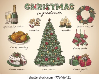 Set of Christmas attributes, free hand colored drawing, sketch style