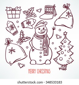 Set the Christmas attributes and friendly snowman. hand-drawn illustration