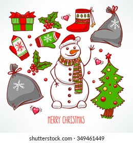 Set the Christmas attributes and friendly snowman. hand-drawn illustration