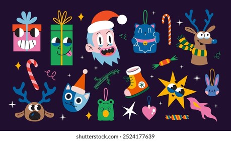 Set with Christmas attributes, groovy characters, Santa Claus, reindeer, cat and festive elements. Trendy modern vector illustration in bright colors on dark background, hand drawn, flat design