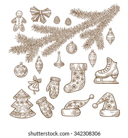 Set of Christmas attributes in retro style - Christmas toys and balls, plants, gifts, decorations