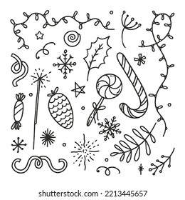 Juego de atributos de Navidad Twigs Cones Garland Vector Ilustración Doodle aislado en fondo blanco Navidad 