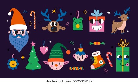 Set with Christmas attributes, vintage groovy characters, Santa Claus, elf, reindeer and festive elements. Trendy modern vector illustration in bright colors on dark background, flat design