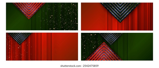 Set Christmas bacgrounds banners or cards Dark red and green gold abstract background luxury golden line template premium vector
