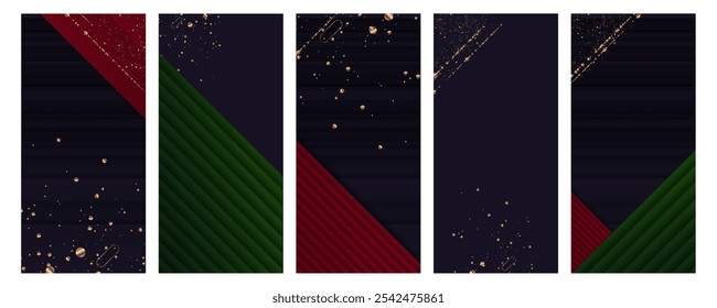 Set Christmas bacgrounds banners or cards Dark red and green gold abstract background luxury golden line template premium vector