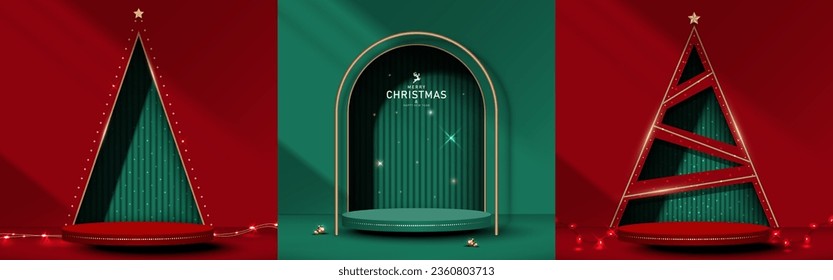 Conjunto de escena abstracta del fondo de Navidad para la presentación de productos. Decoración peatonal de estadio con elementos festivos en la habitación con triángulo y fondo de pared de forma de arco. Ilustración vectorial.