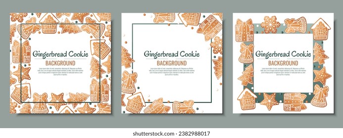Set of Christmas background with gingerbread house, gift, snowflake, fir tree. Greeting card with cookies in glaze. Flyer, banner poster for invitation