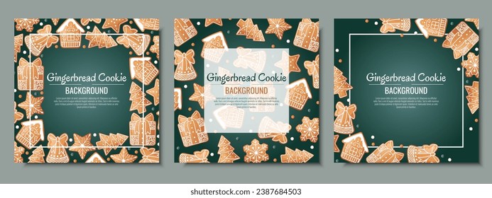 Set of Christmas background with gingerbread house, gift, snowflake, fir tree. Greeting card with cookies in glaze. Flyer, banner poster for invitation