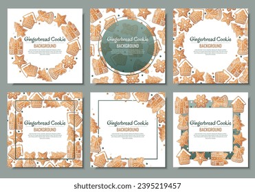Set of Christmas background with gingerbread house, gift, snowflake, fir tree. Greeting card with cookies in glaze. Flyer, banner poster for invitation