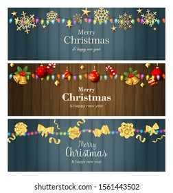 Set of Christmas background patterns. Holiday concept. Vector. Colourful garland, decorations, billboard. Illustration can be used for posters, leaflets, announcements
