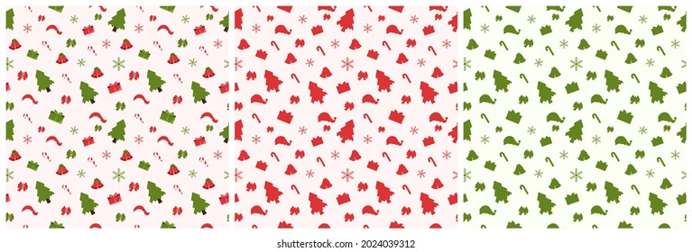Set of Christmas Background Seamless Pattern With Santa Claus, Tree, Socks, Snowman And Gifts For Landing Page, Wallpaper Or Decoration