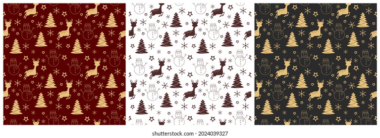 Set of Christmas Background Seamless Pattern With Santa Claus, Tree, Socks, Snowman And Gifts For Landing Page, Wallpaper Or Decoration