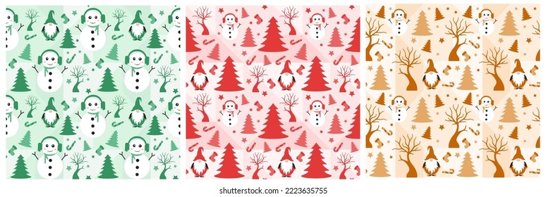 Set of Christmas Background Seamless Pattern Design With Santa Claus, Tree, Snowman And Gifts in Template Hand Drawn Cartoon Flat Illustration