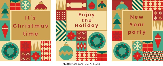 Set of Christmas backgrounds from geometric tiles.It's Christmas time. New Year party. Enjoy the holiday. Trendy modern minimalist style. Festive background for greeting card, poster, flyer