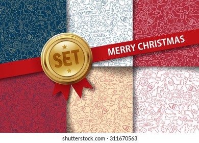 Set of Christmas backgrounds with hand drawing icons in different colors