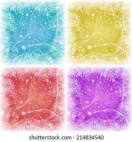 Set of Christmas backgrounds for holiday design with stars, pine branches, confetti and rays, blue, yellow, red and violet. Eps10, contains transparencies. Vector