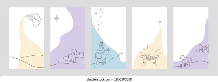 Montaje de navidades para historias en redes sociales. Ángel con pipa, Belén, wiseman en camello, Santo Bebé, plantilla de diseño de moda para medios sociales. Tema invernal. Ilustración del vector