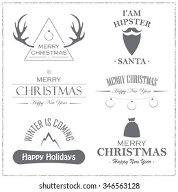 Set of Christmas badges and emblems on white background. Vector design element for congratulation cards, flyers, web sites and banners.