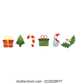 A set of Christmas badges . Vector illustration. Merry Christmas, Happy New Year, sugar cane candy, snowman and Christmas tree, Santa's gift. An element for a holiday poster flyer postcard