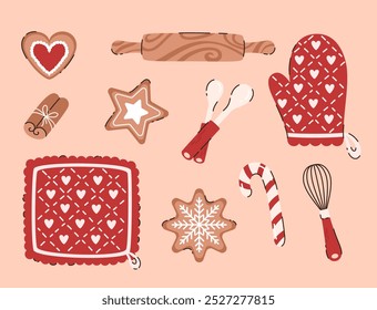 Set of Christmas baking elements. Gingerbread cookies, spoons, potholder, lollipop. Flat vector illustration.