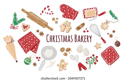 Set of Christmas Baking elements isolated on white background.Preparing for the winter holidays, home baking in winter.Vector flat illustration.Gingerbread cookies, ingredient cooking,decoration.