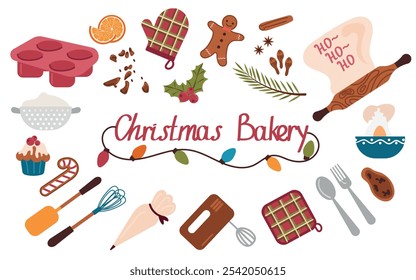 Set of Christmas baking elements isolated on white background. Preparation for winter holidays, homemade baking in winter. Vector flat illustration of baking utensils. Ingredients.