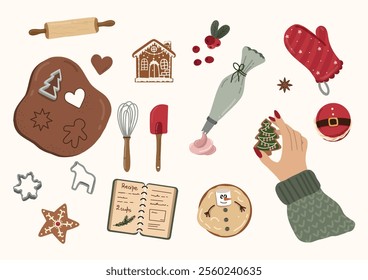 Set of Christmas baking elements. Winter Holiday Preparations: Cozy Home Baking. Vector flat illustration with gingerbread cookies, festive ingredients, and holiday decorations