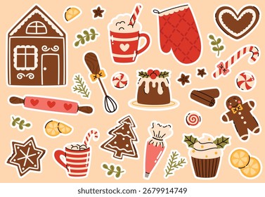 Un conjunto de Navidades de pegatinas para hornear. Casa de jengibre, dulces, rodillo, chocolate caliente, galletas de jengibre. Ilustración vectorial plana.