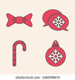 Set Christmas ball, Bow tie, Snowflake with speech bubble and Christmas candy cane with stripes icon. Vector