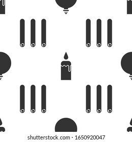Set Christmas ball, Burning candle in candlestick and Three rolled sticks of cinnamon on seamless pattern. Vector