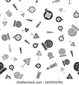 Set Christmas ball, Burning candle in candlestick, Christmas snow globe with fallen snow and Christmas tree on seamless pattern. Vector