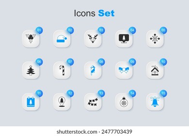 Set Christmas ball, Candy cane with stripes, Santa Claus hat, day calendar, ringing bell, Merry house, Branch viburnum and Firework rocket icon. Vector